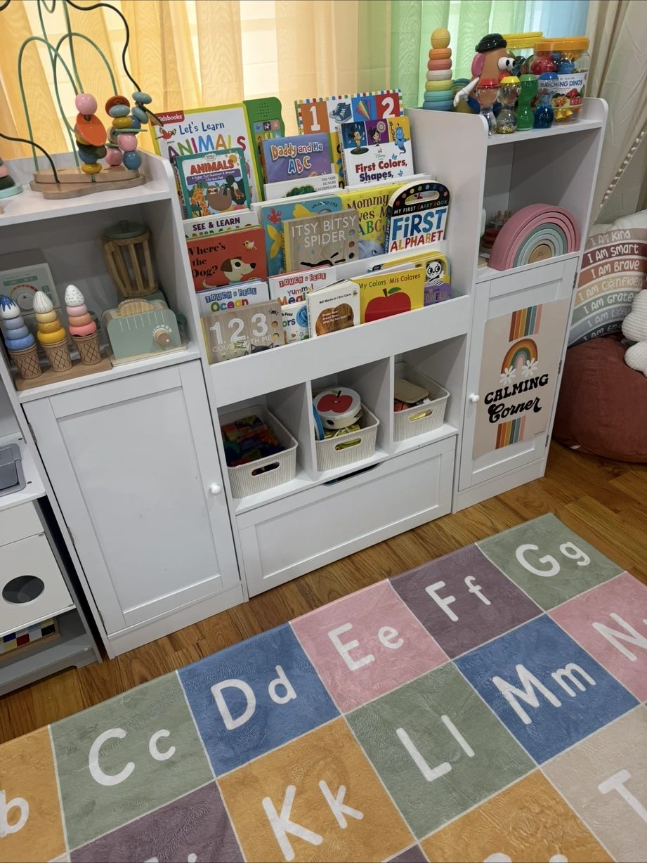 Bookshelf and calming corner with favorite stories