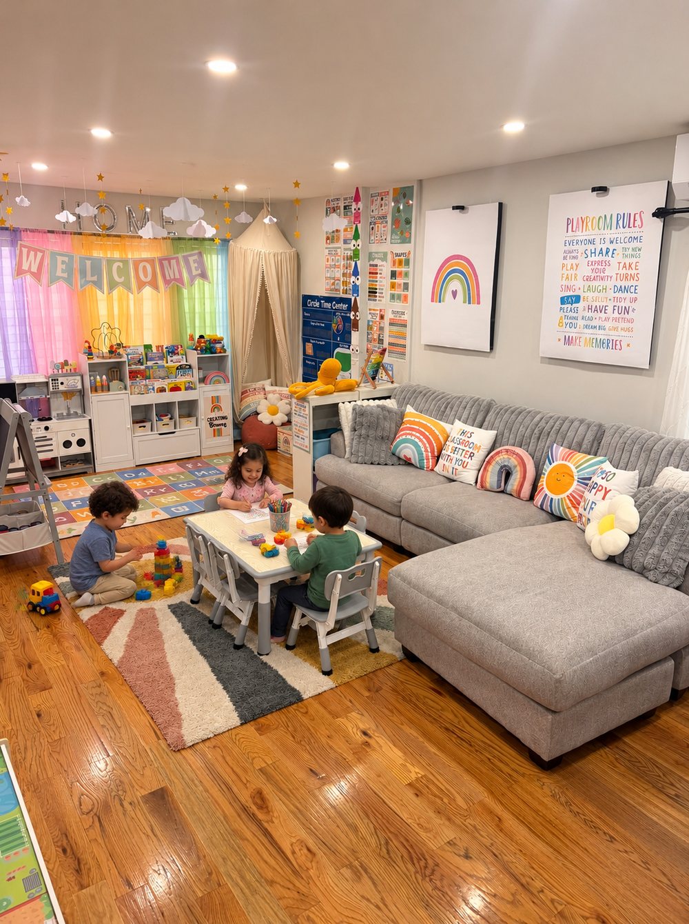 Our playroom — WELCOME banner, cozy tent, and rainbow curtains